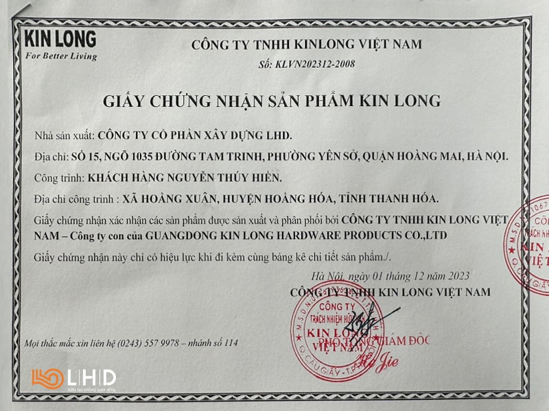 chứng nhận phụ kiện kinlong
