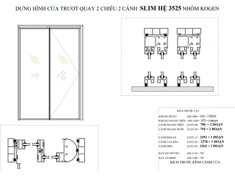 CỬA NHÔM TRƯỢT QUAY SLIM 2 CHIỀU 2 CÁNH HỆ 3525 NHÔM KÖGEN