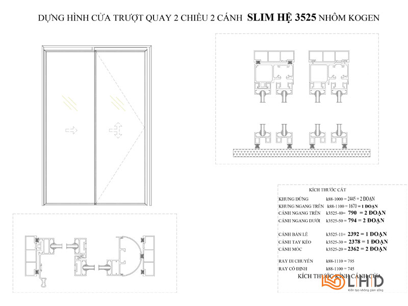 CỬA TRƯỢT QUAY SLIM 1 CHIỀU 2 CÁNH HỆ 3525 KÖGEN PHÙ HỢP VỚI Ô CHỜ KÍCH THƯỚC BAO NHIÊU